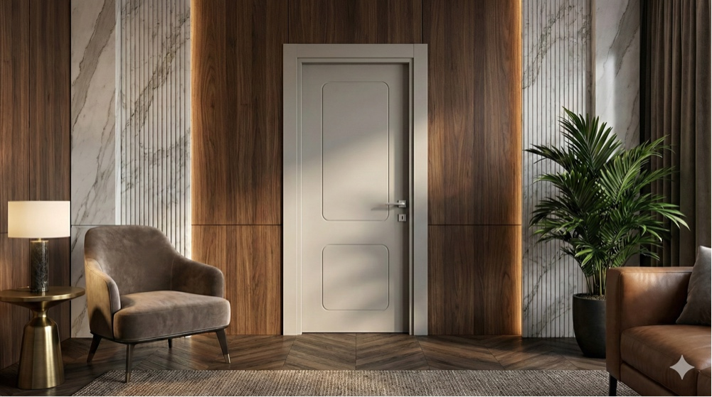 Aura Pearly Gray Door Installed in Moody Luxury Room